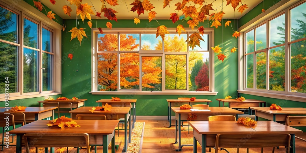 Poster serene autumn vibes in an empty classroom with green chalkboard and orange desks surrounded by color