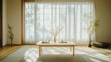 cozy minimalist living room featuring low Japanese table, natural light, and plants