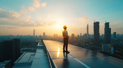 Engineer service check installation solar cell on the roof of factory , Sustainable energy industry concept, Renewable energy solution for climate change. 