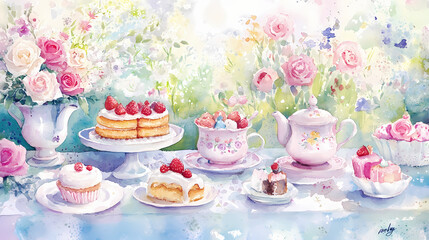 Whimsical garden party with delicate tea sets and cakes, pastel watercolor painting for a child's room, colorful and inviting. Whimsical Tea Party. Illustration