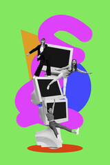 Vertical photo collage of three happy girls business freelancer partners stand pc monitor stack success isolated on painted background