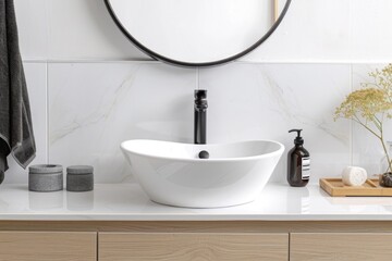 A bathroom sink with a round mirror above