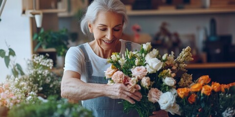 Fototapeta premium A joyful elderly woman arranging a beautiful bouquet of flowers. The vibrant colors and delicate petals create a warm and inviting atmosphere. Perfect for floral design inspiration. AI