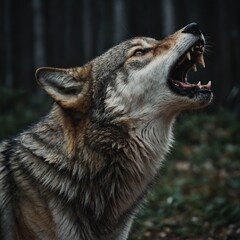 A wolf howling, showing its sharp features.