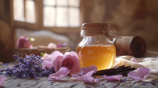 A rustic yet refined composition of lavender buds, rose petals, vanilla pods, and honey jars on a linen cloth-covered table, with warm natural light and a soft, tranquil aesthetic, hd quality,