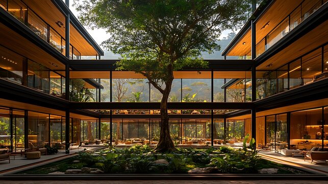 Modern architecture atrium with central tree, lush greenery, sunlight.