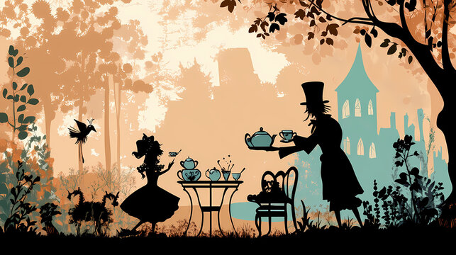 Minimalist background: a whimsical wonderland tea party scene with mad hatter, alice, and vintage silhouettes in a fabulous fairytale-inspired vector illustration. Whimsical Tea Party. Illustration