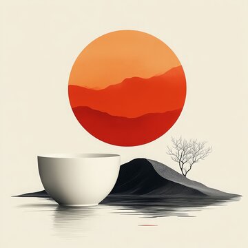 Serene Sunset Landscape with Abstract Bowl and Minimalist Nature Elements Reflecting Harmony and Tranquility in a Dreamlike Composition