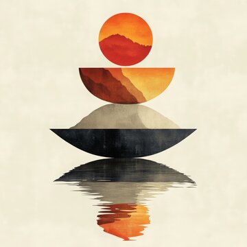 Abstract composition featuring layered bowls of varying colors with a stylized sunset and reflections on water, creating a serene and harmonious visual aesthetic