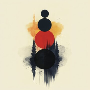 Abstract Geometric Composition Featuring Circles and Natural Elements with a Warm Color Palette and Distinct Forest Silhouettes in an Artistic Presentation
