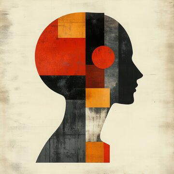 Abstract human silhouette with geometric patterns in earthy tones symbolizing creativity, introspection, and the complexity of the human mind and emotions