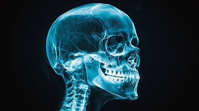 Detailed X-ray Image of a Human Skull and Spine Against a Dark Background Showcasing Intricacies of Bone Structure and Anatomical Features in Stunning Clarity
