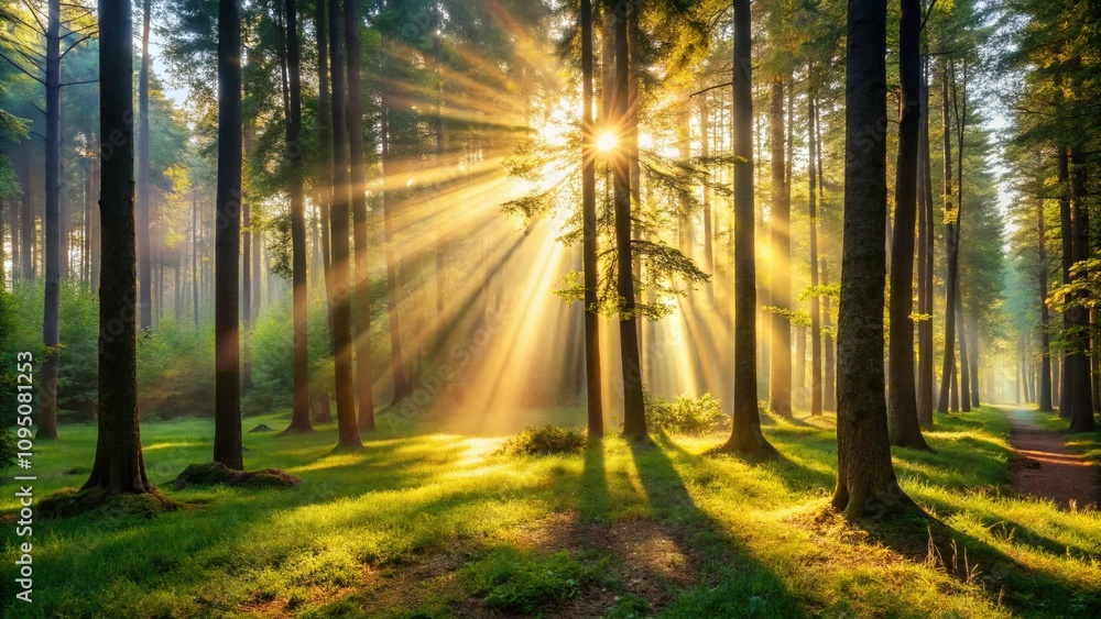 Poster serene forest clearing with sunbeams filtering through trees in a minimalist style capturing nature'