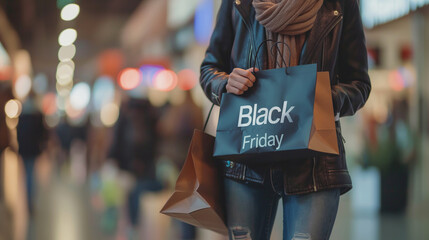 Close-up of unrecognizable woman holding paper bags while enjoying Black Friday shopping