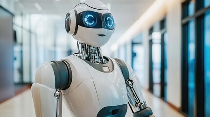 Futuristic humanoid robot with glowing eyes standing in modern office space showcasing advanced technology and innovation in robotics and artificial intelligence