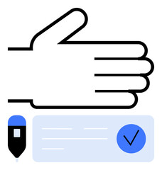 Hand ready to sign document with pen beside. Document includes a blue checkmark. Ideal for business approvals, signatures, contracts, agreements, legal, authorization financial. Line metaphor