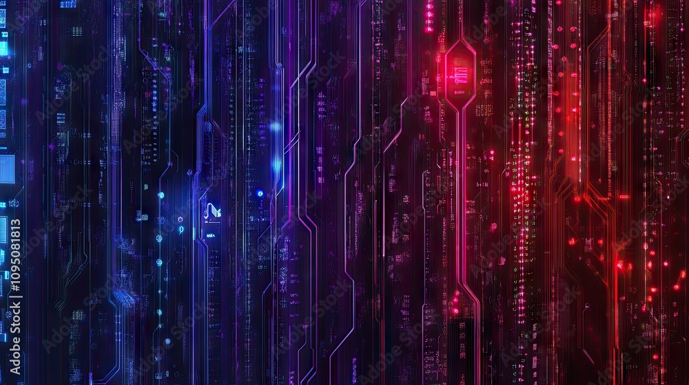Poster abstract digital background with bright neon colors, circuit patterns, and glowing light effects for