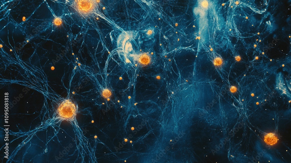 Poster intricate and dynamic neural network visualization with glowing neurons and synapses against a dark 