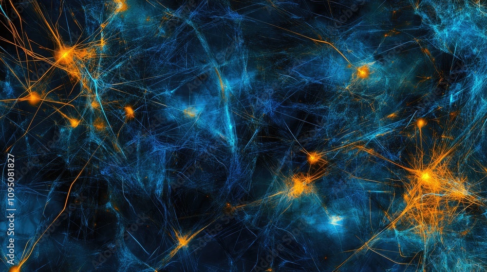 Aufkleber abstract digital background with blue and orange glowing particles and fiber-like structures creatin