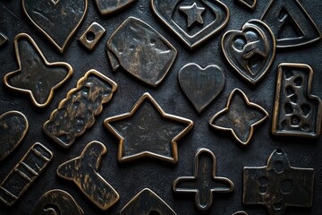 A textured collection of vintage-style cookie cutters in unique shapes with a worn metallic finish, set against a dark background for a rustic and artistic effect