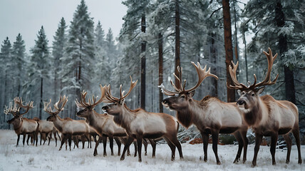 Fototapeta premium A group of reindeer standing gracefully in a snowy forest, with frost-covered pine trees and soft snowfall blanketing the ground.