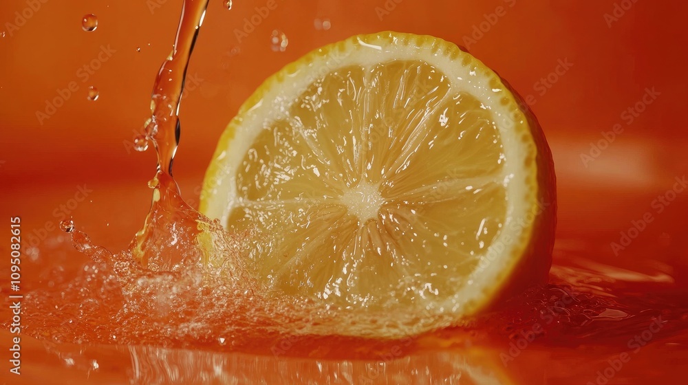 Poster fresh lemon slice falling into water splash with vibrant orange background capturing refreshing citr