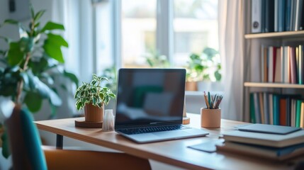 Modern Home Office Workspace with Laptop, Plants, and Books