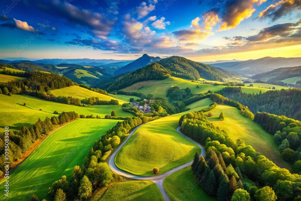 Poster serene landscape with a unique arrow in a circular formation surrounded by lush green fields and maj