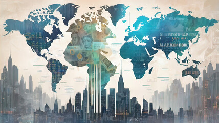 creative collage depicting finance and world with currency quotes on the stock exchange and computer programs