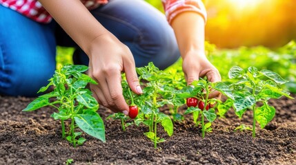 Fototapeta premium Person Harvesting Red Peppers from Healthy Green Plants in a Vibrant Garden During a Sunny Day with Soft Sunlight Shining in the Background