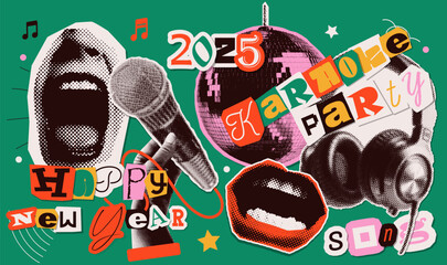 Happy new year 2025 disco paerty paper stickers set. With hands holding mike, disco ball, singing mouths. Colorful collage style illustrations. Vector design for poster, banner, greeting