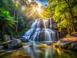 Obraz premium Serene Long Exposure of Crystal Cascades in Queensland, Showcasing the Majestic Flow of Water Among Lush Greenery and Rock Formations Under a Clear Blue Sky