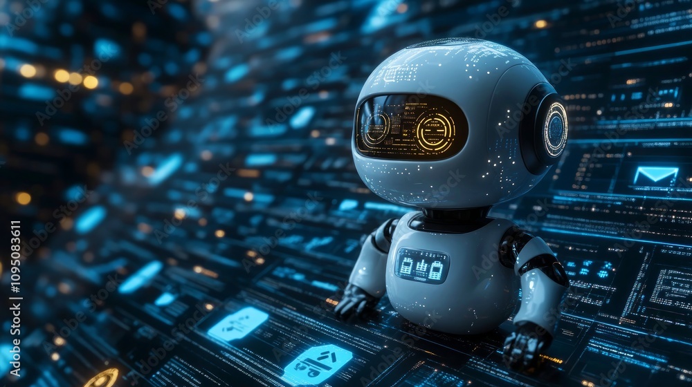 Poster a cute robot sits before a digital interface, representing ai and technology.