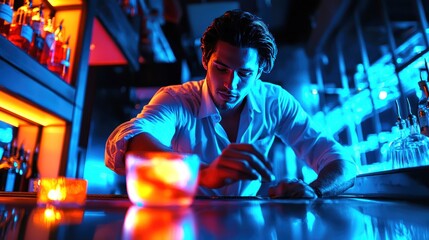 Fototapeta premium A Bartender Skillfully Preparing a Colorful Cocktail in a Trendy Bar with Atmospheric Lighting and Vibrant Colors at Night