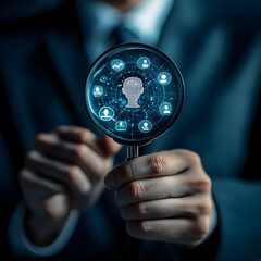 Illustration of Magnifying Glass Focusing on Human Head and Network of People Icons