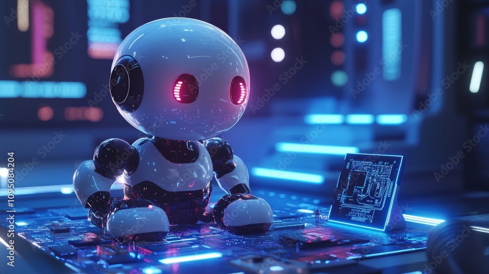 Poster a cute robot sits on a circuit board in a futuristic lab.