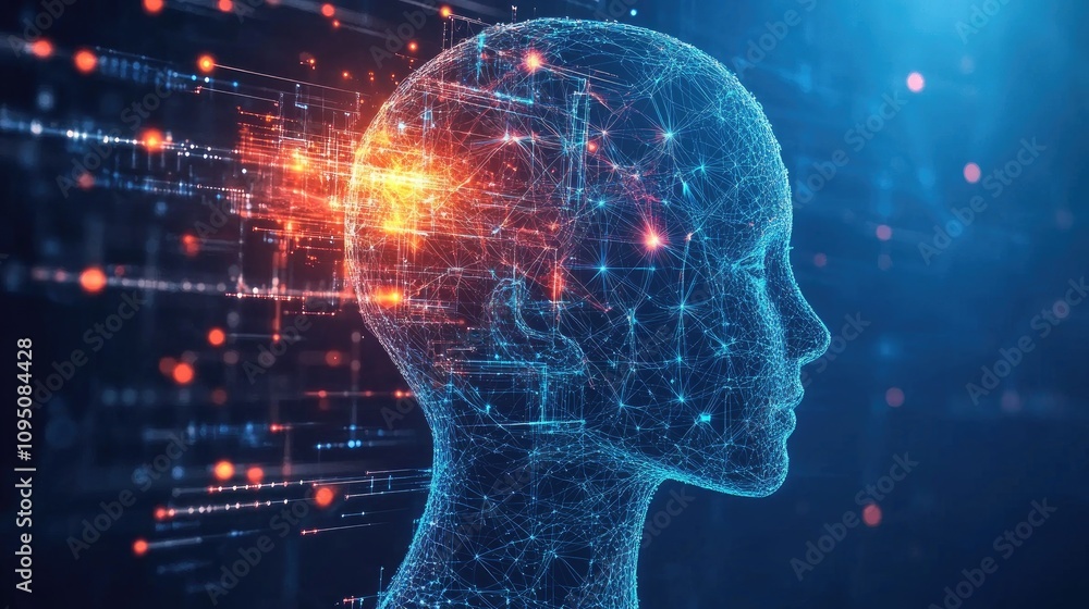 Poster futuristic concept of artificial intelligence and human connection depicted through a 3d rendered di