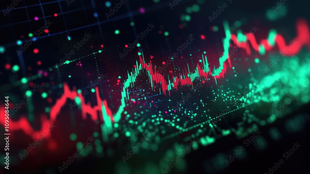 Poster abstract financial data visualization with colorful graphs representing market trends, statistical a