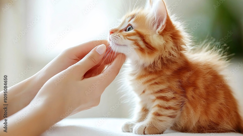 Poster vet in a bright clinic holding a kitten while discussing its health with the owner symbolizing care 