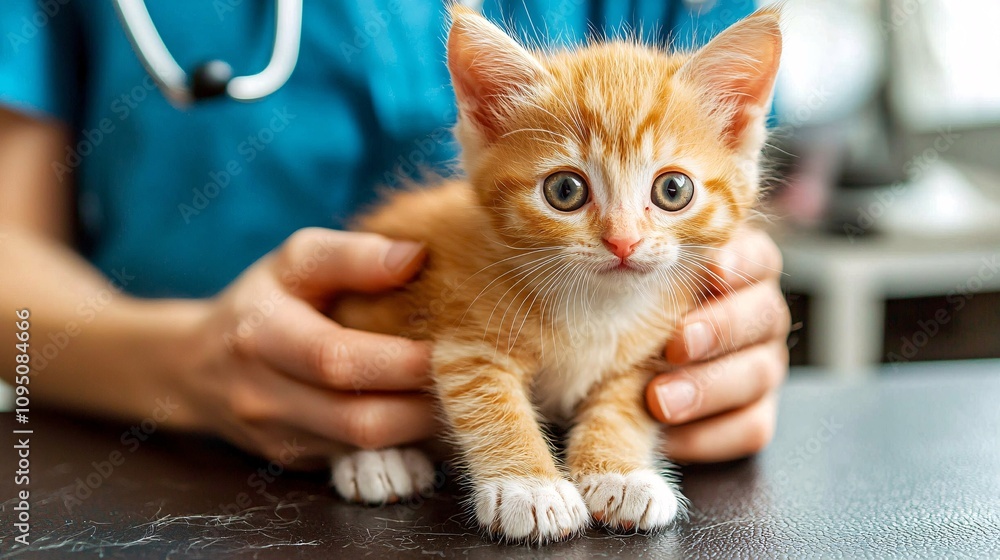 Poster vet in a bright clinic holding a kitten while discussing its health with the owner symbolizing care 