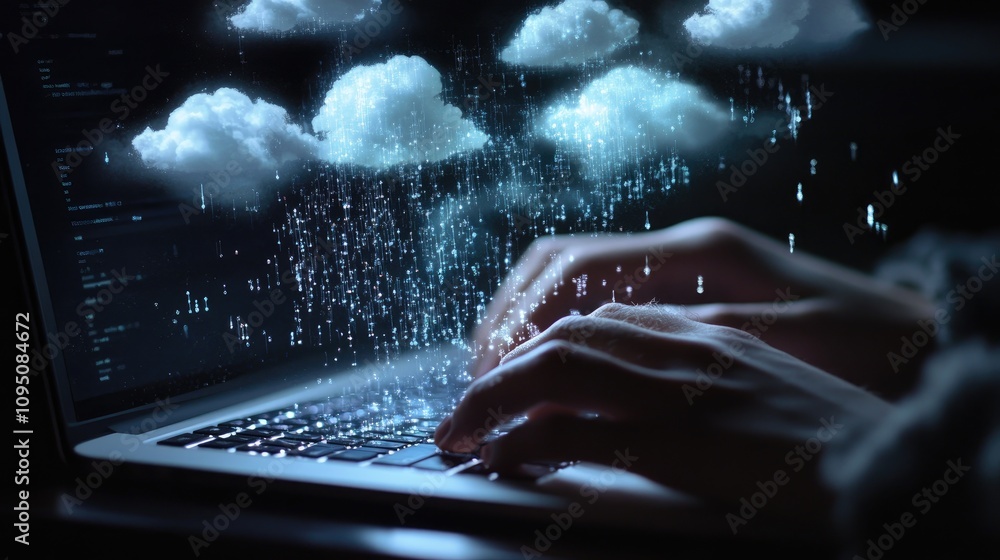 Poster digital transformation and cloud computing: hands typing on laptop surrounded by data rain and cloud