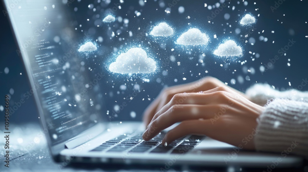 Poster a close-up view of a person's hands typing on a laptop with digital cloud icons floating above, repr