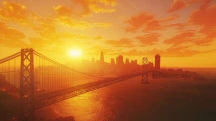Fototapeta premium Golden Hour Over Bay Bridge: Stunning Sunset View of San Francisco Skyline with Vibrant Orange and Yellow Skies Reflecting on Calm Water