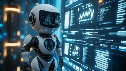 A small robot examines data on a large screen.