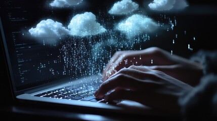 Digital Transformation and Cloud Computing: Hands Typing on Laptop Surrounded by Data Rain and Cloud Imagery Illustrating Modern Technology Concept