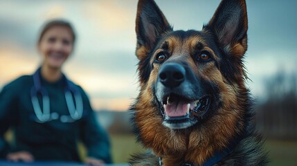 Calm dog resting on the examination table with a smiling vet in the background creating a comforting image Stock Photo with side copy space