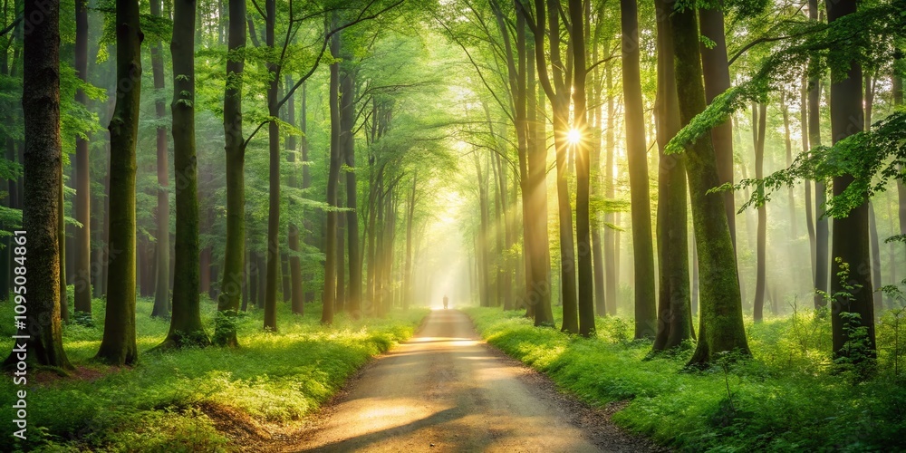 Poster serene minimalist forest landscape with soft light and gentle shadows, emphasizing tranquility and n