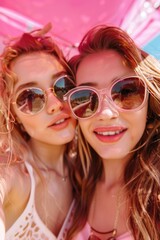 Young women sheltered from the rain with a colorful pink umbrella