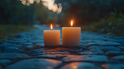 Photo - Two Burning Candles on a Stone Path at Dusk