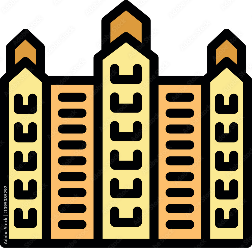 Poster architectural drawing of a modern building featuring multiple towers and rows of windows, suggesting